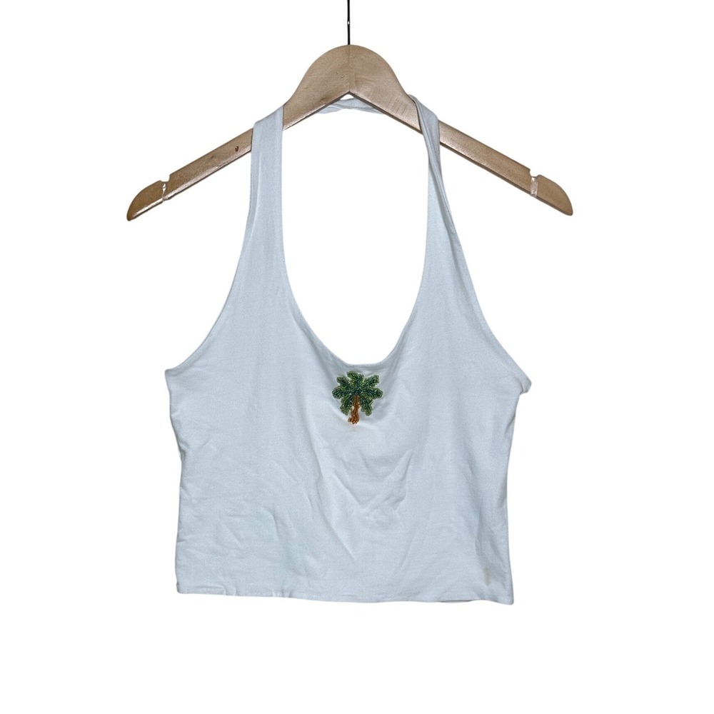 NWT Derek Heart Junior's Palm Tree Graphic Halter Top size XL White/Green